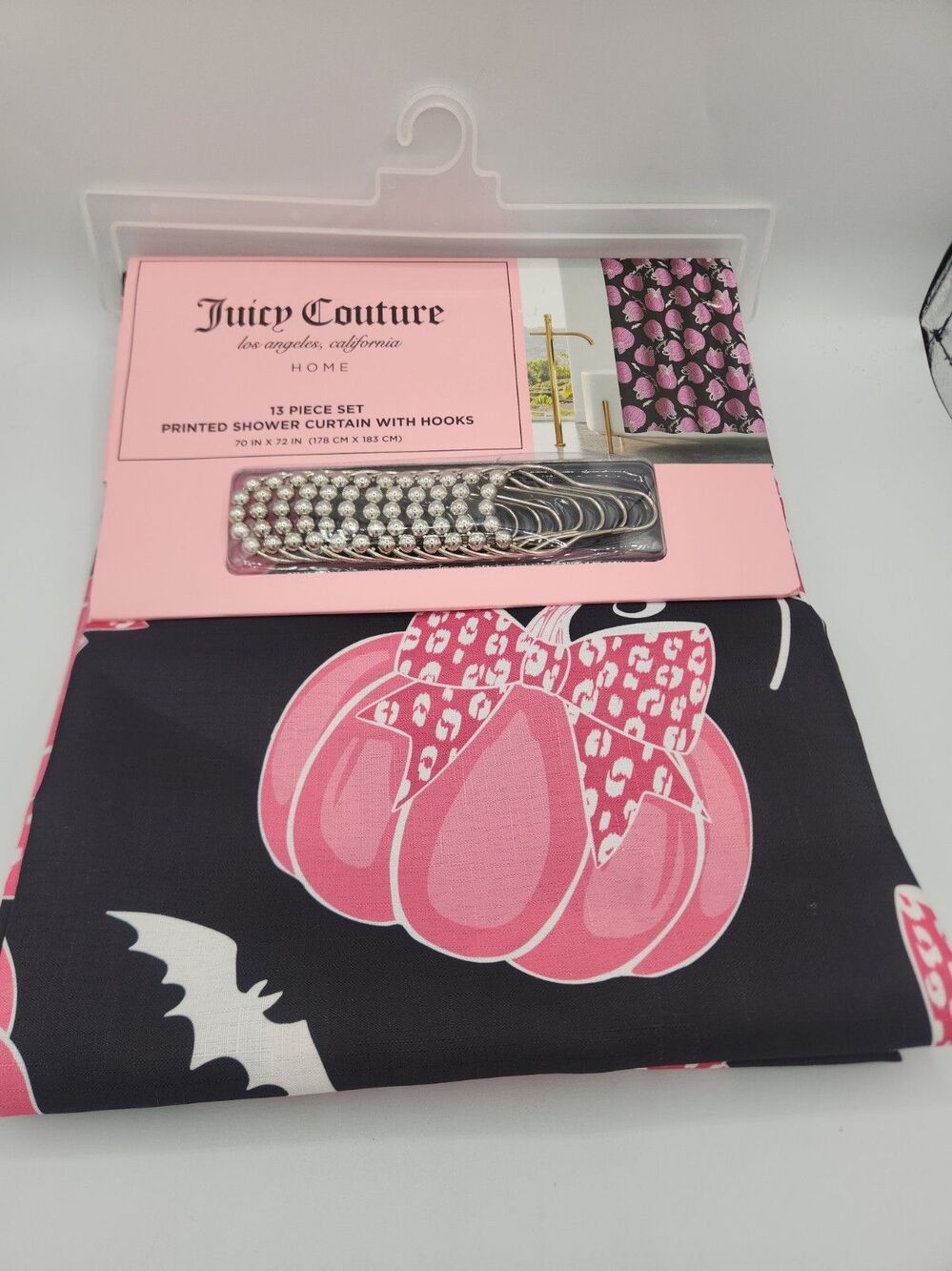 Juicy Couture Home 13-Piece Shower Curtain Set Hearts Pink/Black Hooks 70x72